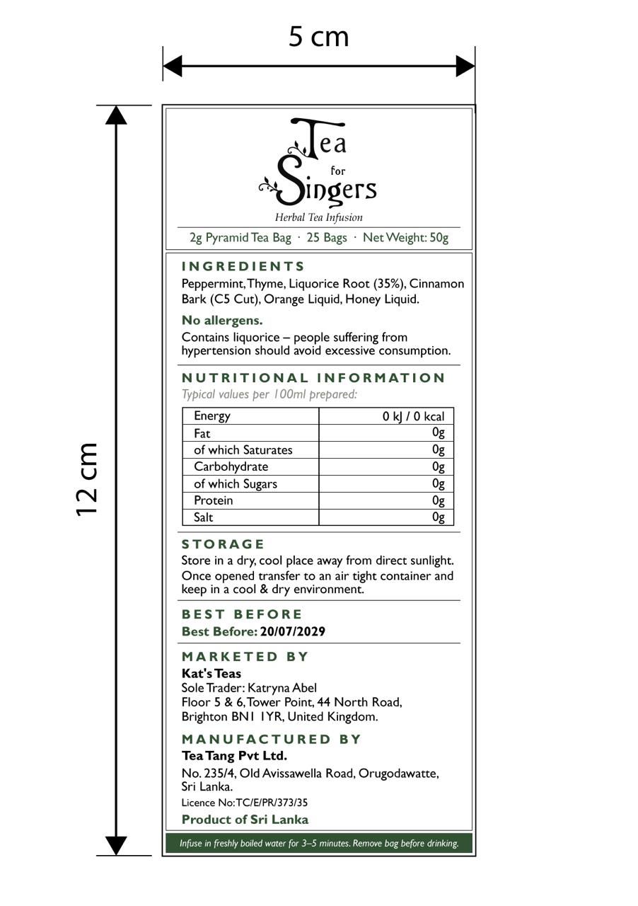 Tea for Singers product label with ingredients and nutritional information